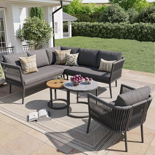 luckdect Salon de Jardin Exterieur Modulable 5 à 6 Places, Mobilier de Jardin en Résine Tressée avec Coussins Épais 8 cm, Canapé d’Angle Lounge pour Terrasse, Balcon et Jardin, Gris