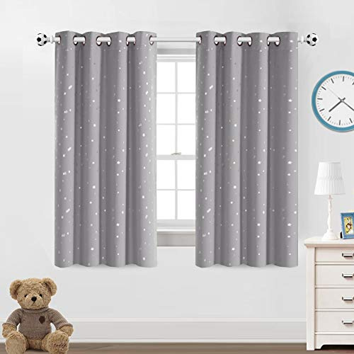 PrinceDeco Blackout Kids Curtains for Bedroom Thermal Insulated Silver Twinkle Star Curtains for Boys Antique Grommet Top Window Treatment 2 Panels Drapes for Nursery (52 W x 63 L, Grey/Silver)