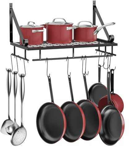 XEMQENER Wall Hanging Pan Pot Rack with 10pcs Removable Hooks, 45cm Wall Shelf with Towel Bar, Kitchen Bathroom Utensils Organizer, Hanging Shelving (45 * 24 * 25cm)