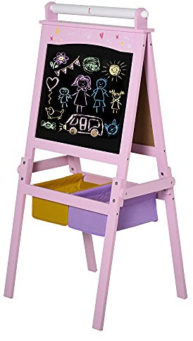 HOMCOM Art Easel for Kids 3 in 1 Double-Sided Kids Easel with Paper Roll Double-Sided Chalkboard & Whiteboard with Storage Baskets for Toddler Girls, Pink