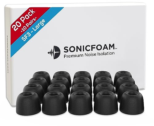 SONICFOAM Lot de 20 embouts en mousse à mémoire de forme – Isolation acoustique de qualité supérieure – Embouts de rechange en mousse pour écouteurs intra-auriculaires (SF3 L, noir)
