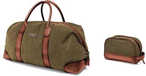 DRAKENSBERG Set/2 Weekender 'David' & Kulturbeutel 'Glen' - Reisetasche Herren, Damen mit passender Kulturtasche, Canvas, Leder - Oliv-Grün, DR-SET-900
