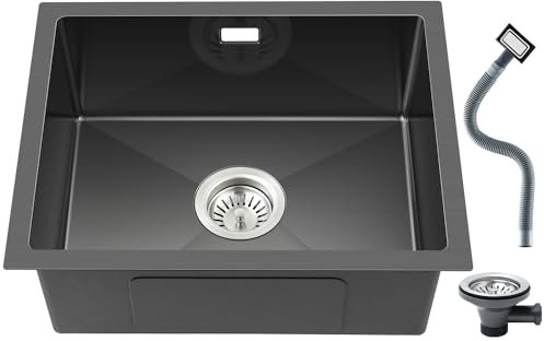 ROVOGO 40 x 50 cm Schwarze Spülbecken, Küchenspüle mit Siebkorbventil und Überlauf, Edelstahl Spüle Küche Handgefertigte, Einbauspüle 1 Becken Rechteckig