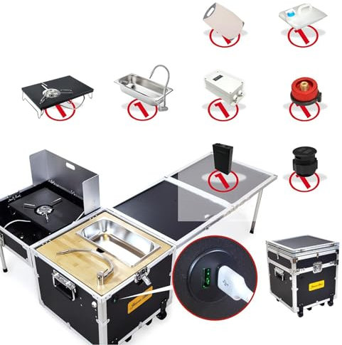 WOLWES Campingküche Faltbar Mit Spüle und Gasherd Camping Box Mit Rollen Outdoor Küche Campingmöbel Camping Set (Size : Smart Version)