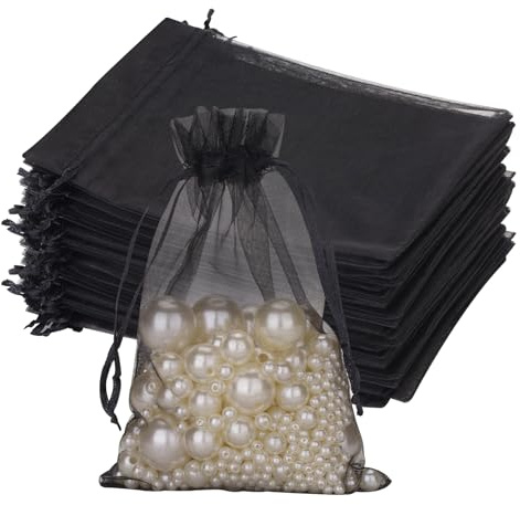 G2PLUS Black Organza Gift Pouches 13x18 cm: Medium Favor Bags, 50 PCS | Wedding Jewelry Bags, Clear Mesh Pouches for Wedding, Christmas, Birthday, Anniversary