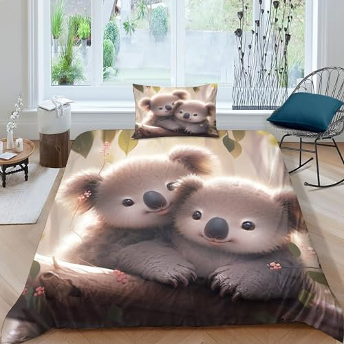 GEEYOU Cute Animal Microfaser Bettbezug Luxuriös Baumwolle Koala Bedding Set Mit Reißverschluss, Steppdeckenbezug Weichs Bettwäsche Set Für Erwachsene Und Kinder Single(135x200cm)