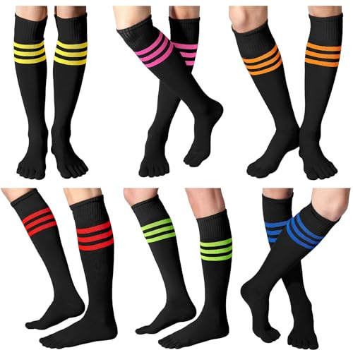 Sureio 6 Pairs Neon Knee High Toe Socks Women Neon Winter Knee High Separated Toe Striped Athletic Skate Sock Sport Gift(Mixed Colors)