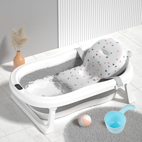 Grande bañera bebe(55L de capacidad), bañera plegable bebé con reductor bañera bebe, Taza de champú, Adecuado para niños de 0 a 6 años (Gris (con termómetro de agua))