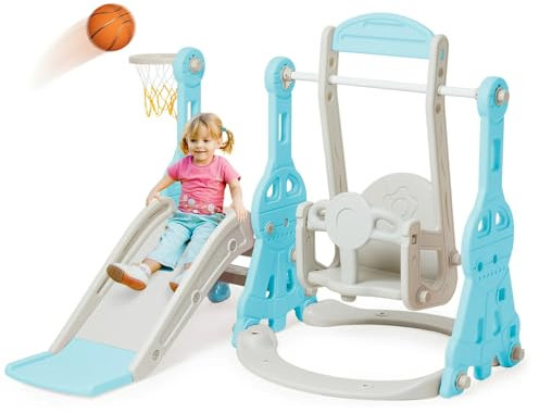Ensemble de Toboggan et balançoire pour Tout-Petits, Ensemble de Jeu d'escalade pour bébé 4 en 1 avec balançoire, Toboggan grimpeur et Basket-Ball, toboggans pour Enfants (Bleu)