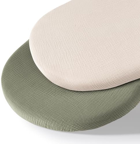 MairMore Musselin-Stubenwagen-Spannbettlaken für Babys, weich und atmungsaktiv, 100 % Baumwolle, Spannbettlaken für ovale, rechteckige Sanduhr-Matratzenauflagen, 2er-Pack (Elfenbein und Rosa)