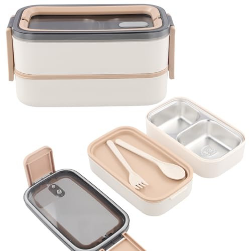 Premium Edelstahl Bento Lunchbox – 2 Etagen mit Fächern,BPA-freie,Brotbox Erwachsen,Umweltfreundliche Edelstahl 304 Brotdose,Auslaufsicher,Mikrowellengeeignet – Für Kinder & Erwachsene (Khaki)