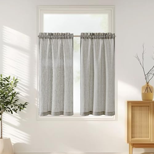 TOPICK Kitchen Curtains, Striped Cafe Curtains, W26 xL45 Black 2 Panels | Rod Pocket Linen Look Curtains, Light Filtering Privacy Drapes for Bathroom, Bedroom, Sink, Basement, Caravan, Cupboard