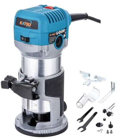 KATSU Tools Electric Hand Trimmer Wood Router Laminator Joiners Tool 710W, Soft Start, Aluminum Body and Trimmer Base, 3 Chuck Collets 1/4, 6mm and 8mm for DIY Woodworking 101742