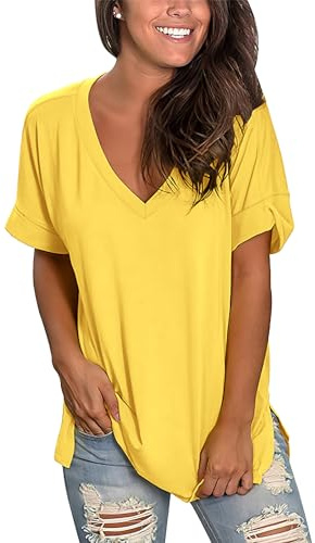 CMTOP Femmes T-Shirt à Manches Courtes Surdimensionné Col en V Profond Basique Hauts Décontractés Tee Shirt dans Diverses Couleurs Dames été Tunique avec Curling