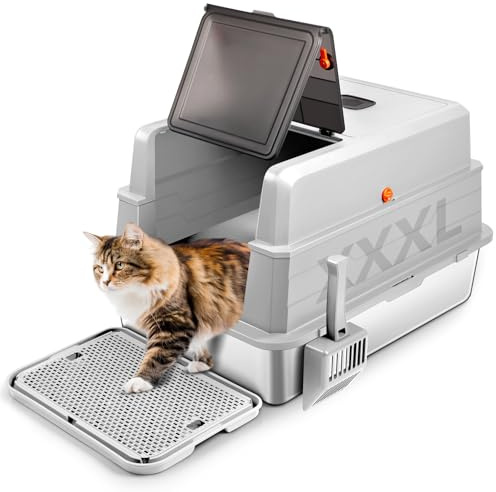 Bartuke Extra grande arenero acero inoxidable con tapa, 71 x 51 x 43CM XXXL arenero gatos cubierto metálico cerrado con pala y pedal, control de olores, fácil de limpiar para gatos grandes o múltiples
