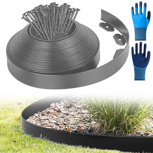 Flexibel gräskant plast, med 50 markankare, rabattkant plast, längd 10 m, höjd 5 cm (20 m x 5 cm, grå)
