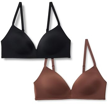 Amazon Essentials Women's Microfiber Lined Plunge Bralette, Wirefree, Pack of 2, Black/Rich Hazel, 38A