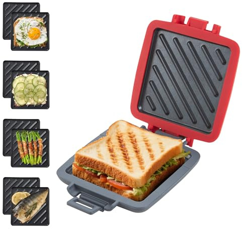 Mico Dingker Microwave Toastie Sandwich Maker, Snack Maker & Panini Press, Removable Non-Stick Plates, Silicone Microwavable Cookware, Heatwave Technology for house cooking&baking, Red