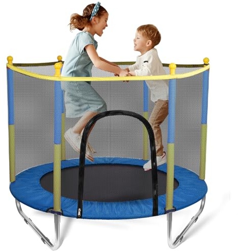 Sinbide Trampolino per bambini, 140 cm, con rete di sicurezza, per interni ed esterni, per bambini, robusto tappeto elastico rotondo con copertura del bordo con scala, portata 220 kg (blu)