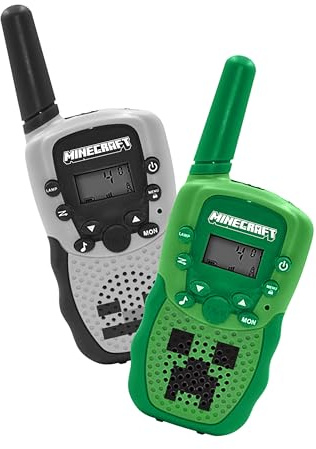 Minecraft Walkie Talkie Set, Digital Monitor with 1 km Range, Built-in Flashlight, Rechargeable Battery, Green and Grey, 2-Pack