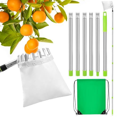 Niboken Recolector de Frutas Recolectoras para Manzanas, 2.4M Recogedor de Frutas Telescópico Herramientas Cerezas Bayas Recolector con Varillas de Extensión Bolsa de Tela