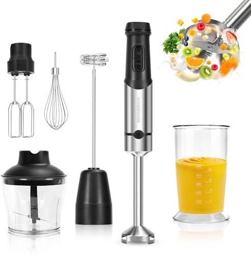 Stabmixer 1200W 6-in-1 Set, leistungsstarker Pürierstab aus Edelstahl – inkl. Zerkleinerer (600ml) & Milchaufschäumer – ideal für Suppen, Smoothies & Babybrei – platzsparend & pflegeleicht