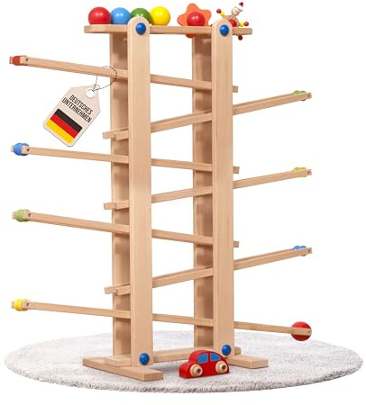 Stabile Kugelbahn XL aus Holz Natur, 7 niedliche Mobile wie Auto, Blume, Kasper, Kugel, große Murmelbahn für Kinder, Rennbahn für Baby und Kleinkind, Motorikspielzeug