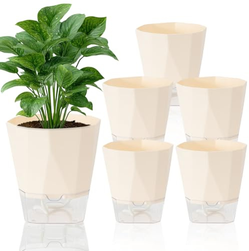 FARYODI Set di 6 vasi autoirriganti, 12,5 cm, con sistema di irrigazione in effetto avorio, con serbatoio di acqua trasparente, per balcone e interni (avorio)