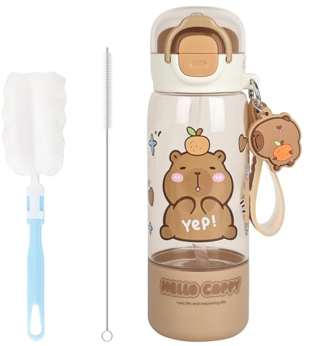 YYTECH Capybara drickflaska, 510 ml Capybara drinkflaska, söt vattenflaska, Capybara saker med lock och nyckelhängare, läckagesäker, silikonhalm, rengöringsverktyg
