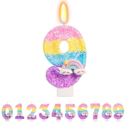 TESGADGETS Velas arcoíris con número 9 – Toppers coloridos para pastel de cumpleaños, ideales para la decoración del noveno cumpleaños de niñas y niños