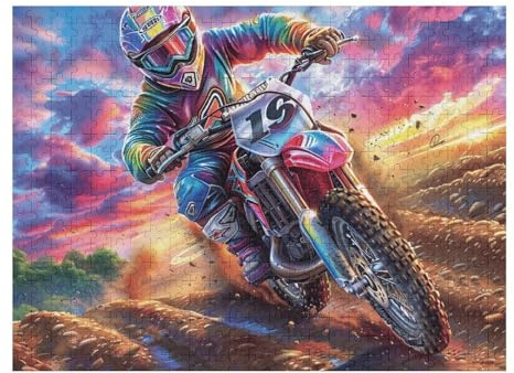 Puzzle De 500 Piezas para Adultos Piloto de Motocross Atardecer 500 PCS 52×38cm Puzzle Coleccionable para Aficionados Duradero Impresión Vibrante No Desvanecible