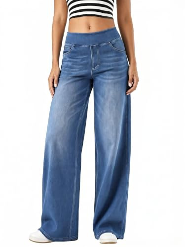 High Waisted Flattering Jeans for Women, Denim Pants with Multiple Pockets, Wide Leg, Loose Fit, Stretchy Baggy, Straight Leg, Fashion Casual (UK, Alpha, XL, Regular, Regular, Medium Blue)
