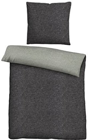 biberna Melange-Flanell Bettwäsche 155x220 cm, 2-teilig mit Kissenbezug 80x80 cm, 100% Baumwolle, Biber, mit Paspel, wärmend & weich, Reißverschluss, Winterbettwäsche, Uni, grau, Modell 0840500