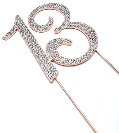 World of Sparkles 12cm Curly 13 Cake Toppers for 13th Birthday Party or Anniversary with Silver Diamante Rhinestones Diamonds with Rose Gold Base for Anniversary, Birthday Kids Children Adults