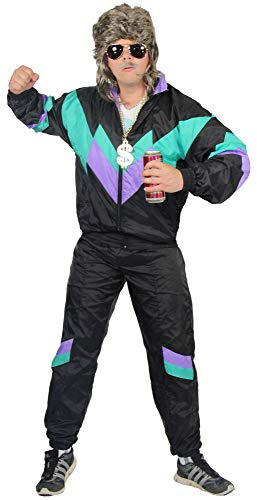 Foxxeo 80er Jahre Trainingsanzug Kostüm für Herren - schwarz grün lila – Premium Ausführung mit Taschen – Größe:XXXXL