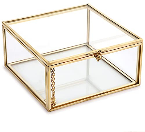 Hipiwe Vintage Glass Jewelry Organizer Box - Golden Metal Keepsake Box Desktop Jewelry Organizer Holder, Wedding Birthday Gift, Square Vanity Decorative Box for Dresser,Bathroom