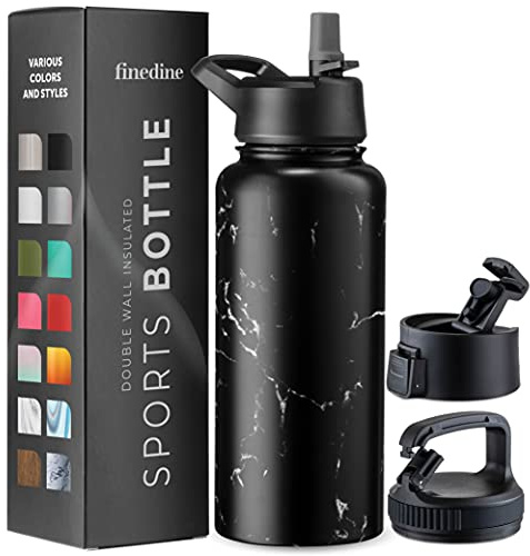 FineDine Triple Walled, Insulated Water Bottles with Straw - 32 Oz Stainless Steel Metal Bottle W/ 3 Leak Proof Lids - For Travel, School, Sports, Gym/Men, Women & Kids - Polished Raven Marble