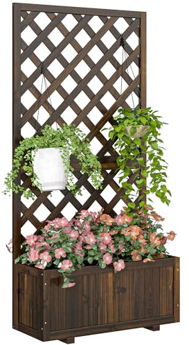 Outsunny Hochbeet Pflanzenkasten mit Rankgitter, Spalier Pflanzkübel, Blumenkasten Holz, 72,5x31,5x149,5cm für Garten Balkon Terasse, Blumenkübel für Kletterpflanzen, Blumen, Braun