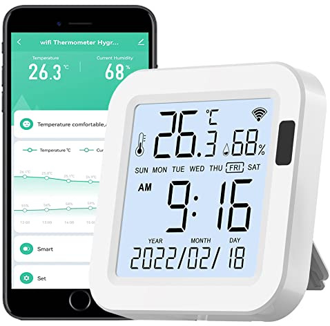 WiFi Thermometer Hygrometer: Smart Temperature Humidity Sensor with Backlit LCD Screen, Free App Alerts, Indoor Temperature Gauge Humidity Monitor Compatible with Alexa Google Assistant