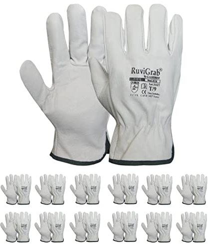 Ruvigrab - Pack de 12 Gants de Travail en Cuir de Fleur Naturelle | Gants de Jardinage | Taille 8