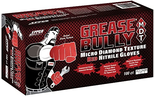 EPPCO Grease Bully 7-Mil Red Nitrile Gloves Disposable Powder Free, Latex Free Textured Superior Grip Glove for Mechanics, Auto-motive, Industrial Work, Large, Box of 100