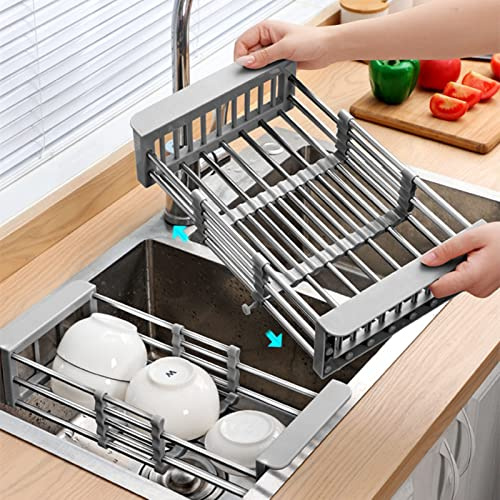Chchmu Dish Drying Rack Sink Drain Basket Stainless Steel Scalable Kitchen Sinks Storage Rack Draining Racks Over Sink for Vegetables and Fruits Universal Kitchen Organizer, Silver