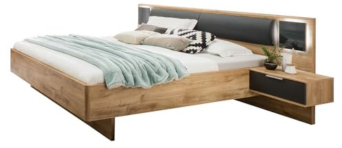 Lomadox Bettanlage Bett Doppelbett 160cm mit Nachtschränken, Beleuchtung und Polsterkopfteil, Graphit und Eiche