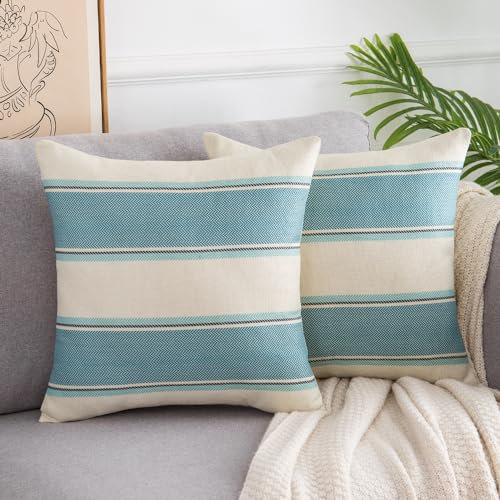 DakTou Kissenbezug Kissenhülle 2er Set 40X40cm Bauernhaus Dekokissen Leinen Sofakissen Streifen Kissenbezüge Dekorative Moderne Türkis Kissen für Sofa Stuhl Schlafzimme Büro Auto