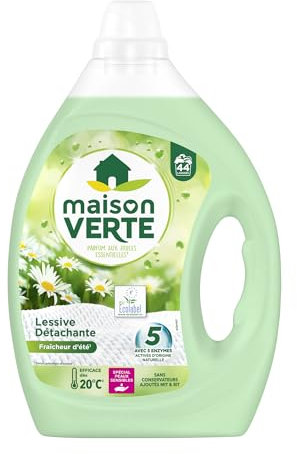 Maison Verte - Lessive Liquide - Parfum Fraîcheur d'Ete - Lessive Détachante - Spécial Peaux Sensibles - Efficace dès 20°C - 5 Enzymes Actives d'Origine Naturelle - Sans Conservateurs - 44 Lavages