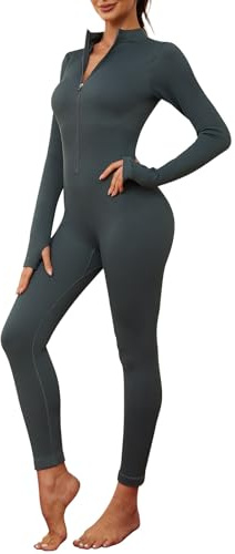 Nadeer Sportoverall för kvinnor Slim Fit Jumpsuit Yoga Jumpsuit Långärmad V-hals med dragkedja Sportkläder Stretch Gym Jumpsuit Ribbad Träning Fitness