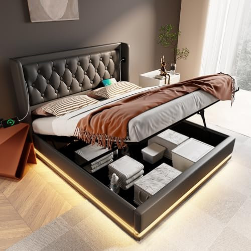 Bett mit Bettkasten, 180 x 200 cm, mit Lattenrost und LED und USB-Port Typ C, Doppelbett 180 x 200 cm, mit Stauraum und Kopfteil und Lattenrost, PU, Polsterbett 180 x 200 cm, für Doppelbett, Schwarz