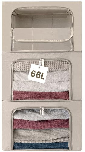 unycos - Scatole per Vestiti【3 Pezzi | 66L】in Tessuto Resistente, Manico Rinforzato e Finestra Trasparente, Contenitori Sottoletto Pieghevole per Asciugamani, Piumini, Coperte (Grigio; Iron Rod)