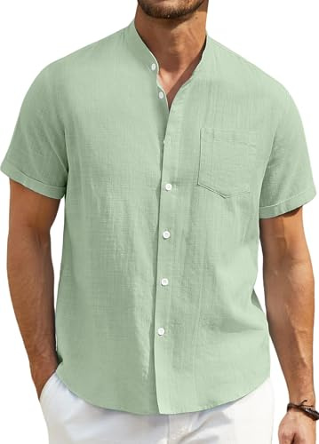 Enlision Mens Linen Shirts Short Sleeve Grandad Collar Collarless Shirts for Men Casual Summer Beach Henley Shirt Button Down S-4XL