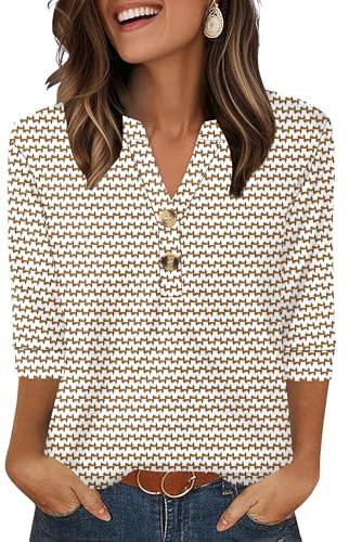 Aokosor Womens 3/4 Sleeve Tops Ladies Blouse V Neck Tunic Long Sleeve T Shirts Curved Hem Office Wear Brown White Floral Size 10-12 for UK